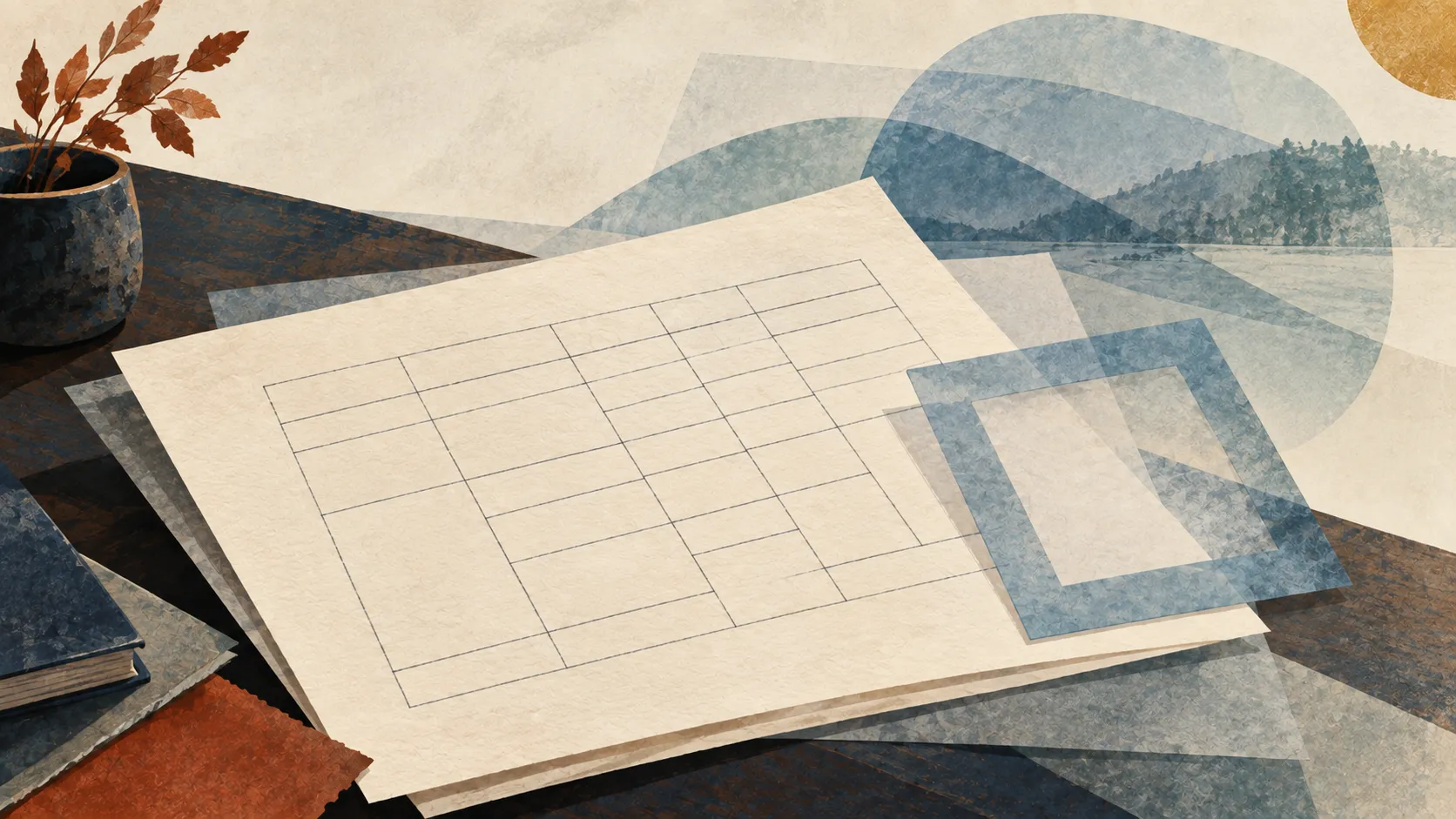 A cream sheet with an empty graphite grid lies beside a blue translucent square frame on a paper-covered desk.