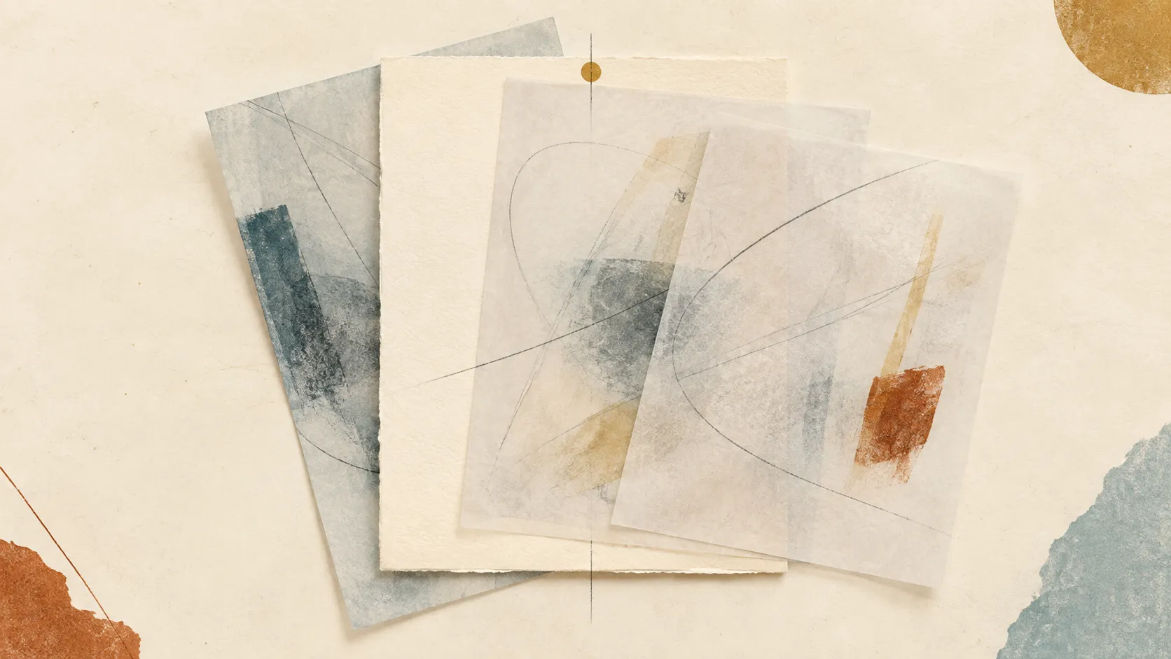 Translucent sheets overlap a cream page, with graphite lines and muted blue, ochre and rust marks.
