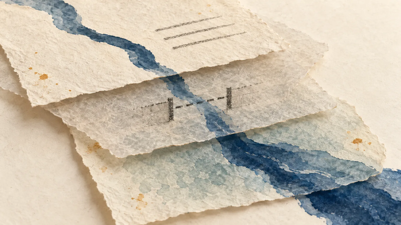 Three torn paper layers overlap as a blue pigment trail crosses an incomplete graphite boundary.
