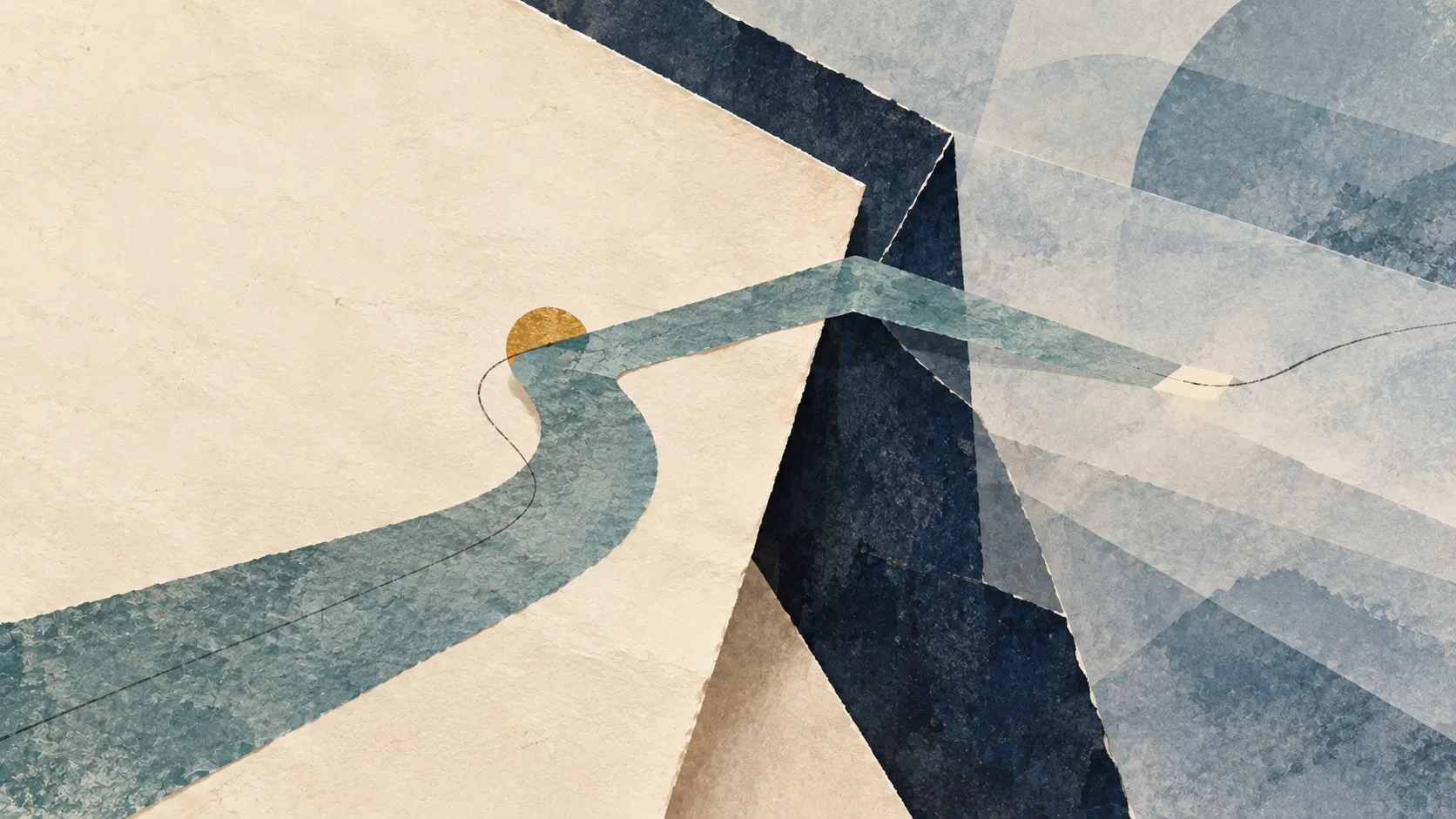 A muted teal paper path bends past an ochre circle and crosses a folded navy edge into translucent blue layers, with a fine graphite line interrupted by a small ivory gap.