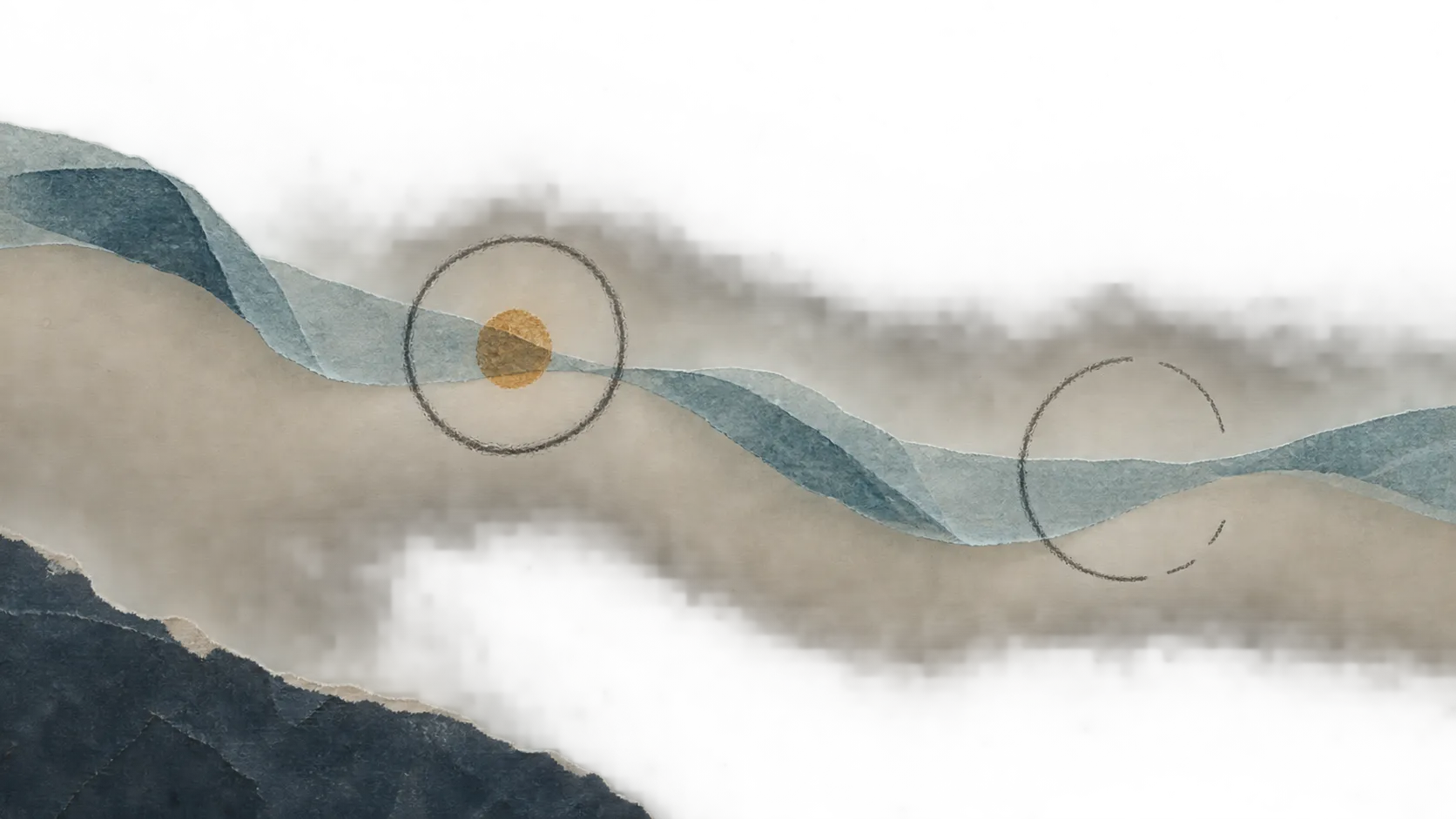 A translucent blue paper ribbon crosses two charcoal checkpoints, one marked in ochre and the other left open.