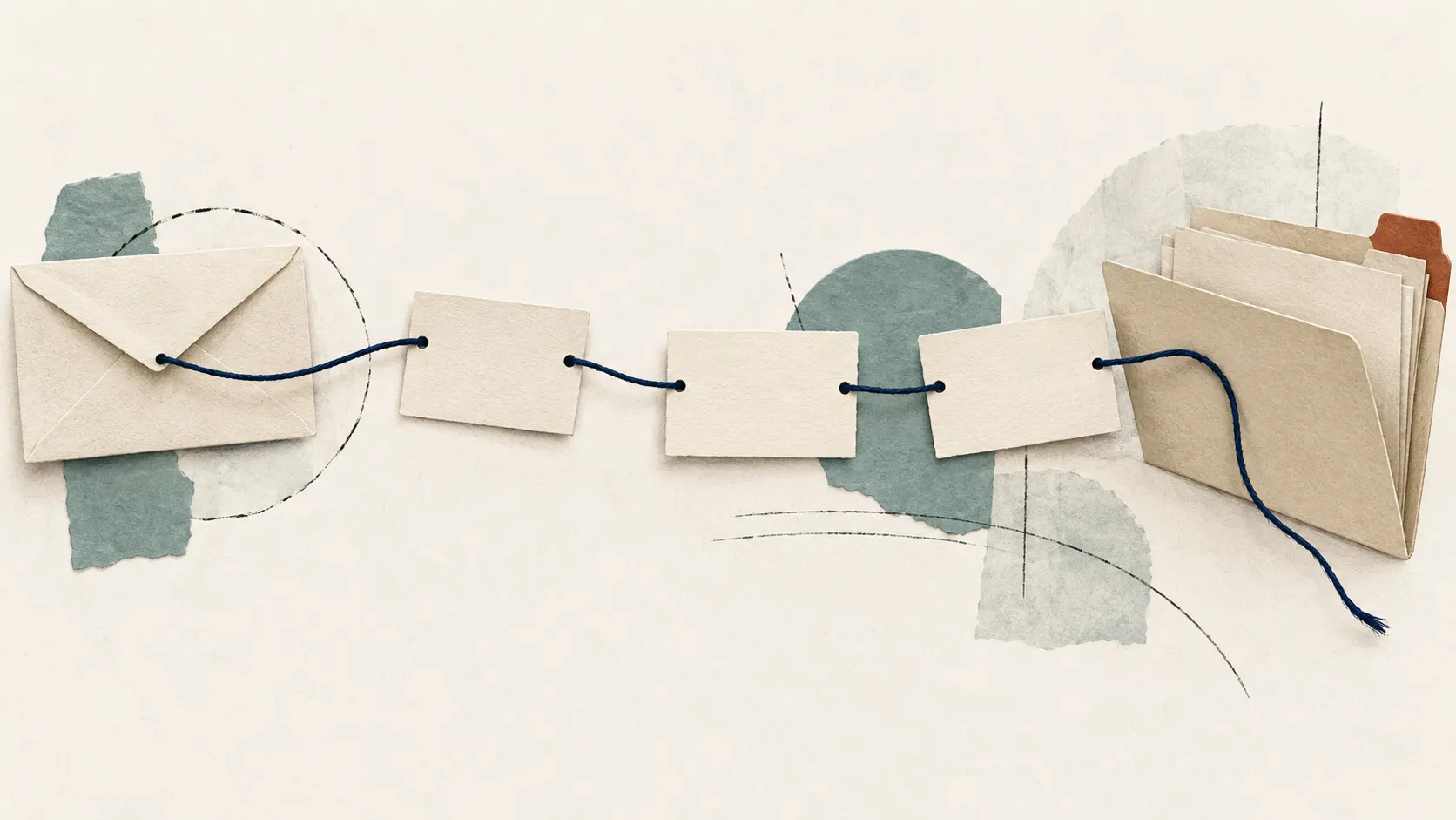 A blue thread runs from an envelope through three blank cards to an open folder.