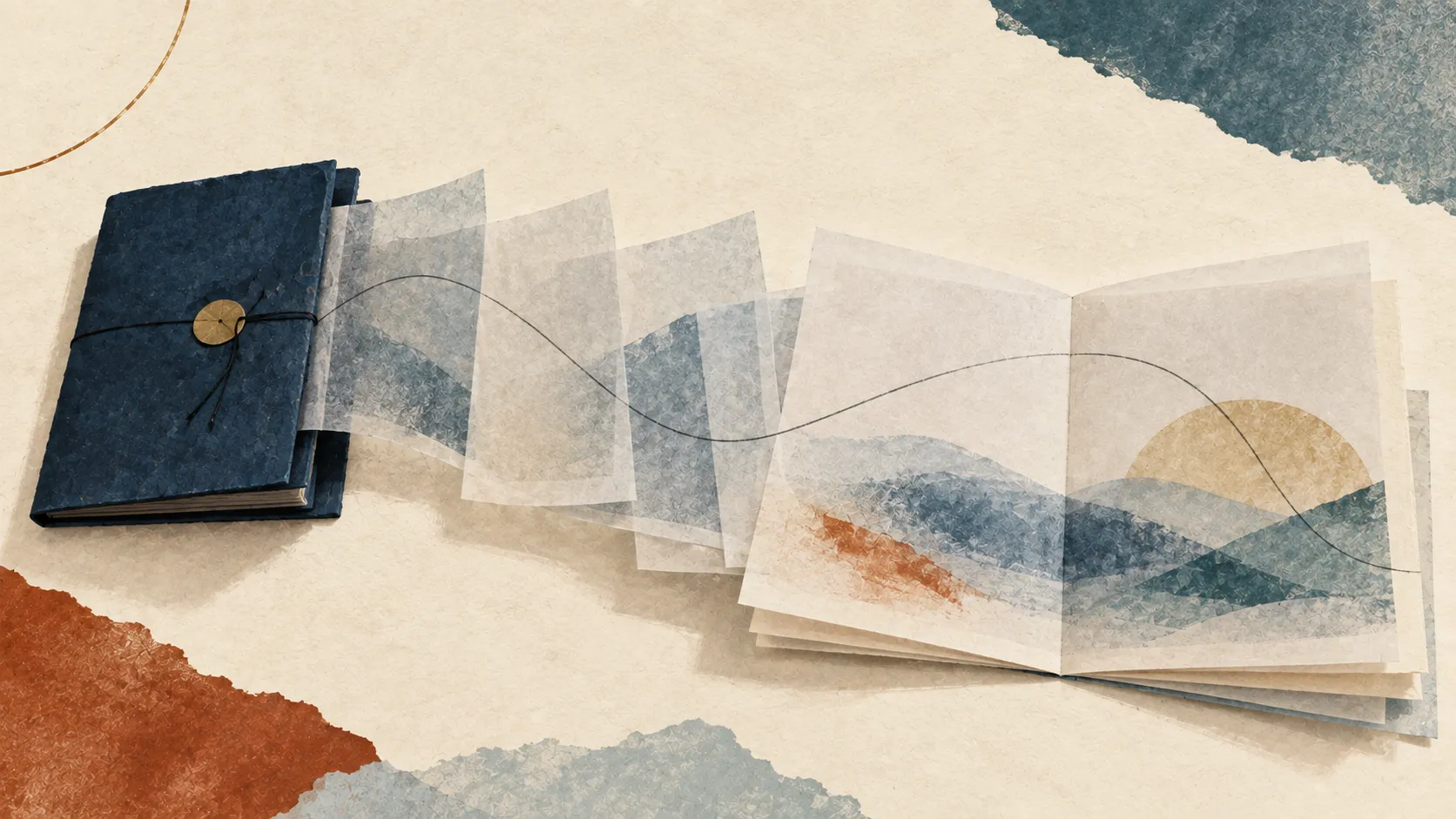 A closed navy paper folio opens into overlapping translucent sheets and an open cream spread, crossed by a fine graphite line.