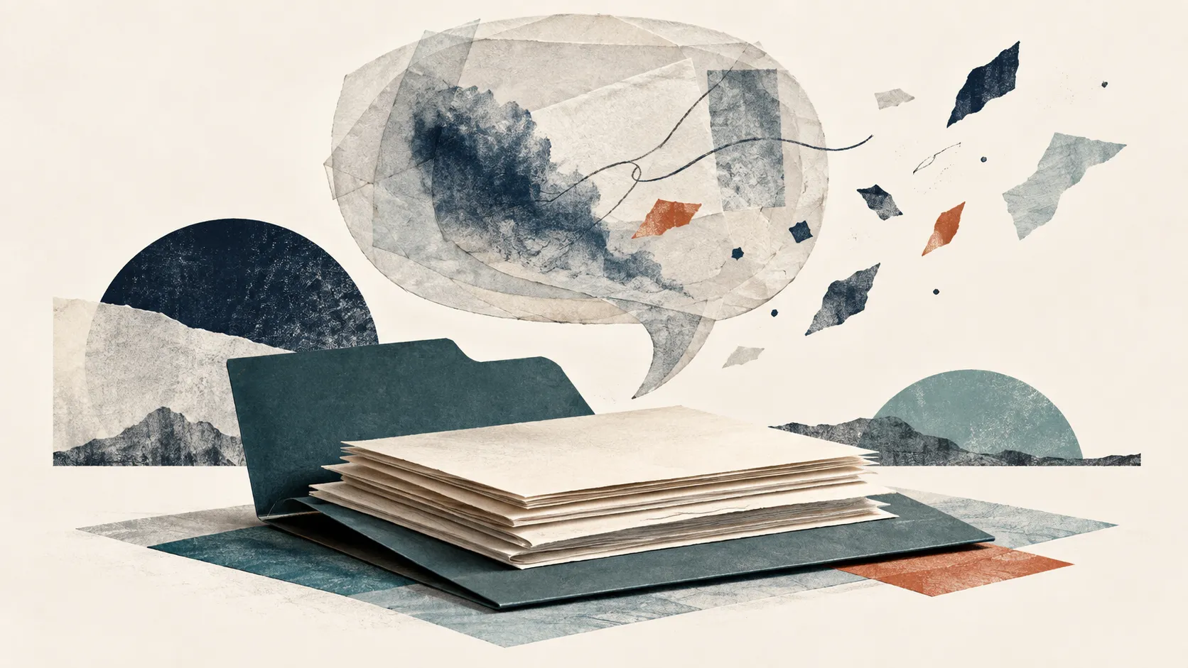 A translucent paper speech bubble floats above an open folder and a stack of records.