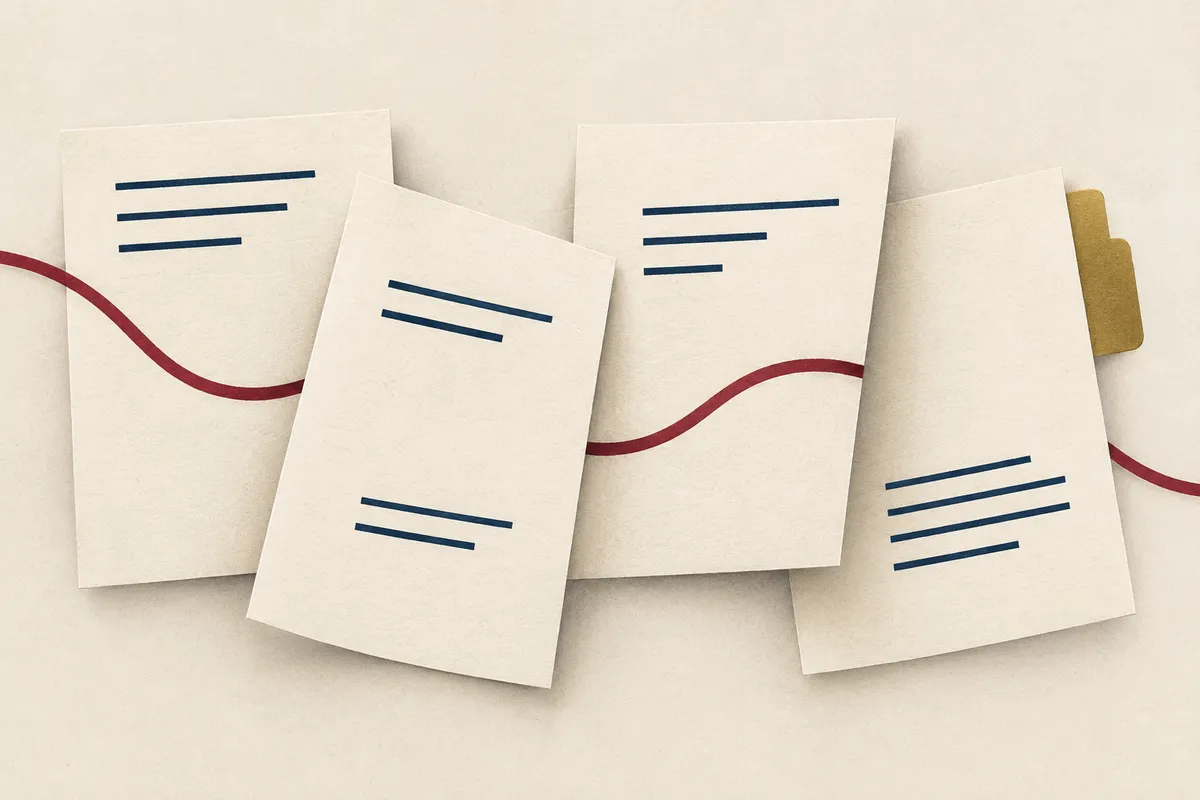 Overlapping illustrated pages partly reveal and partly conceal a red line.