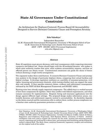 First page of State AI Governance Under Constitutional Constraint, working paper v2, revised October 2026.