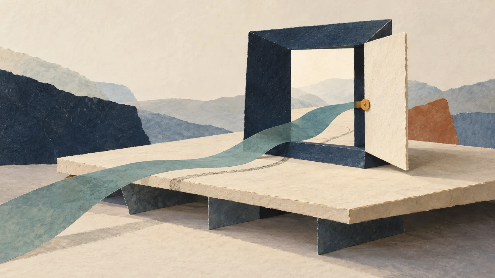 An open ivory paper door in a navy frame stands on a cream platform with visible folded supports, while a translucent teal ribbon passes through the opening.