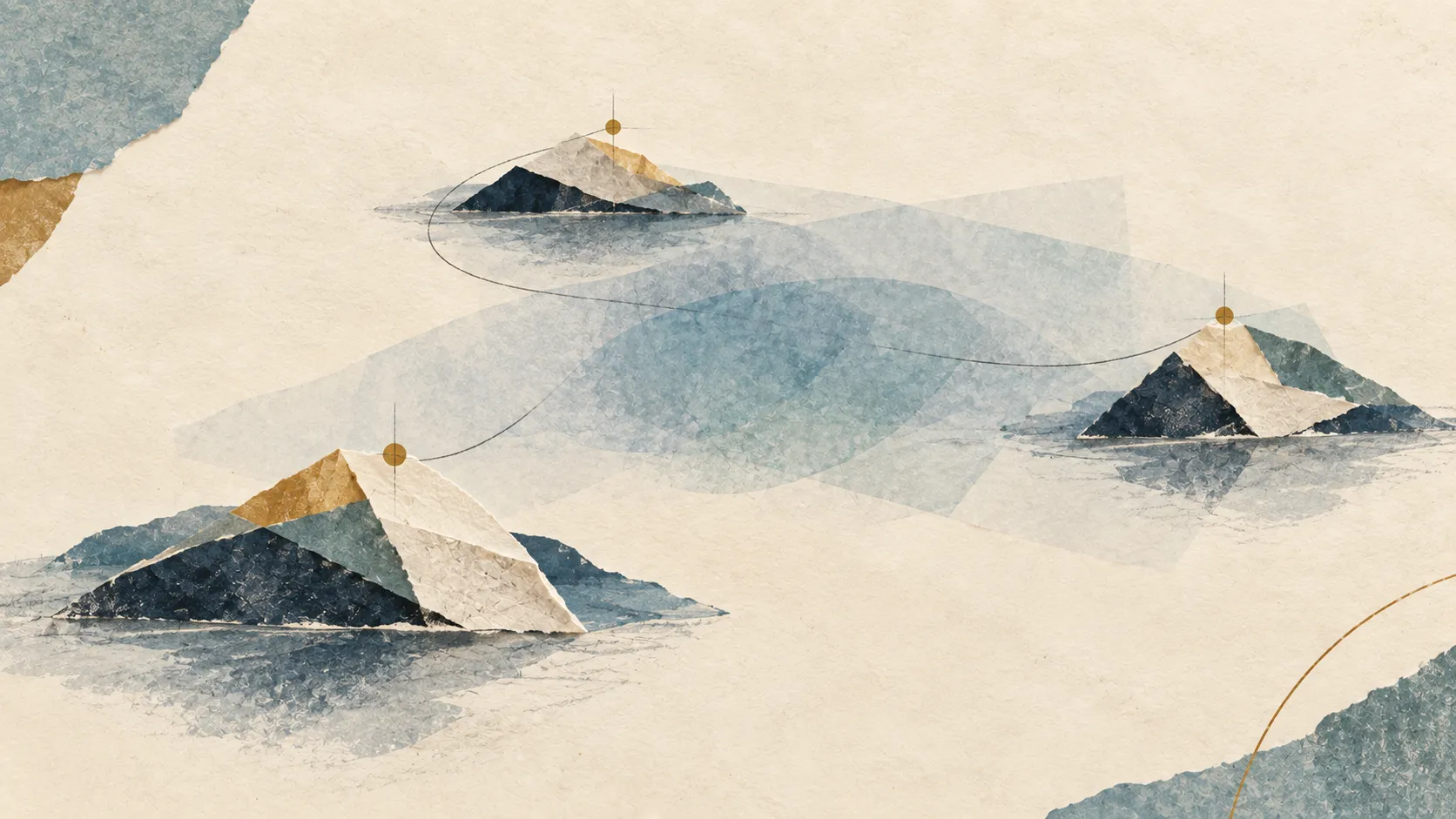 Folded paper islands are connected by a fine graphite line that becomes partly obscured beneath translucent blue layers.