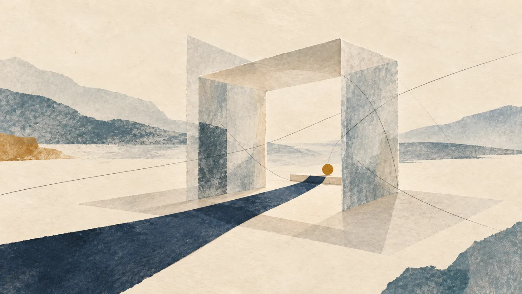 A navy path passes through a translucent paper pavilion toward a small ochre marker, crossed by fine graphite lines.