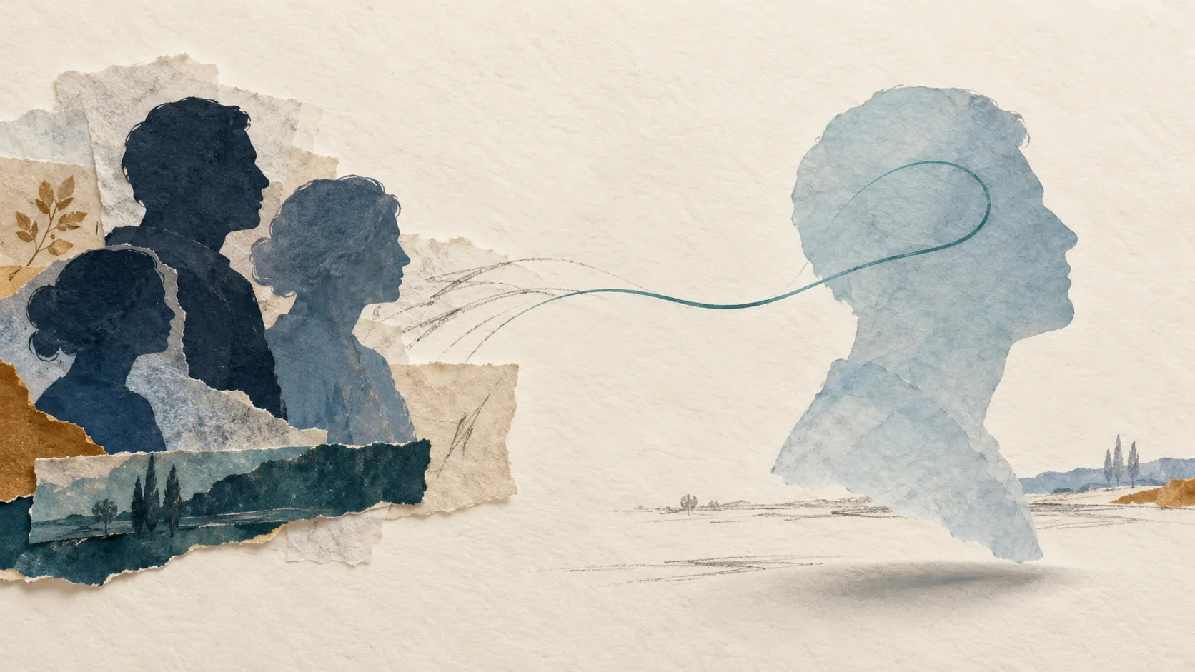 Layered navy and blue paper profiles on the left face a separate translucent blue profile on the right, joined by a fine graphite and teal line.