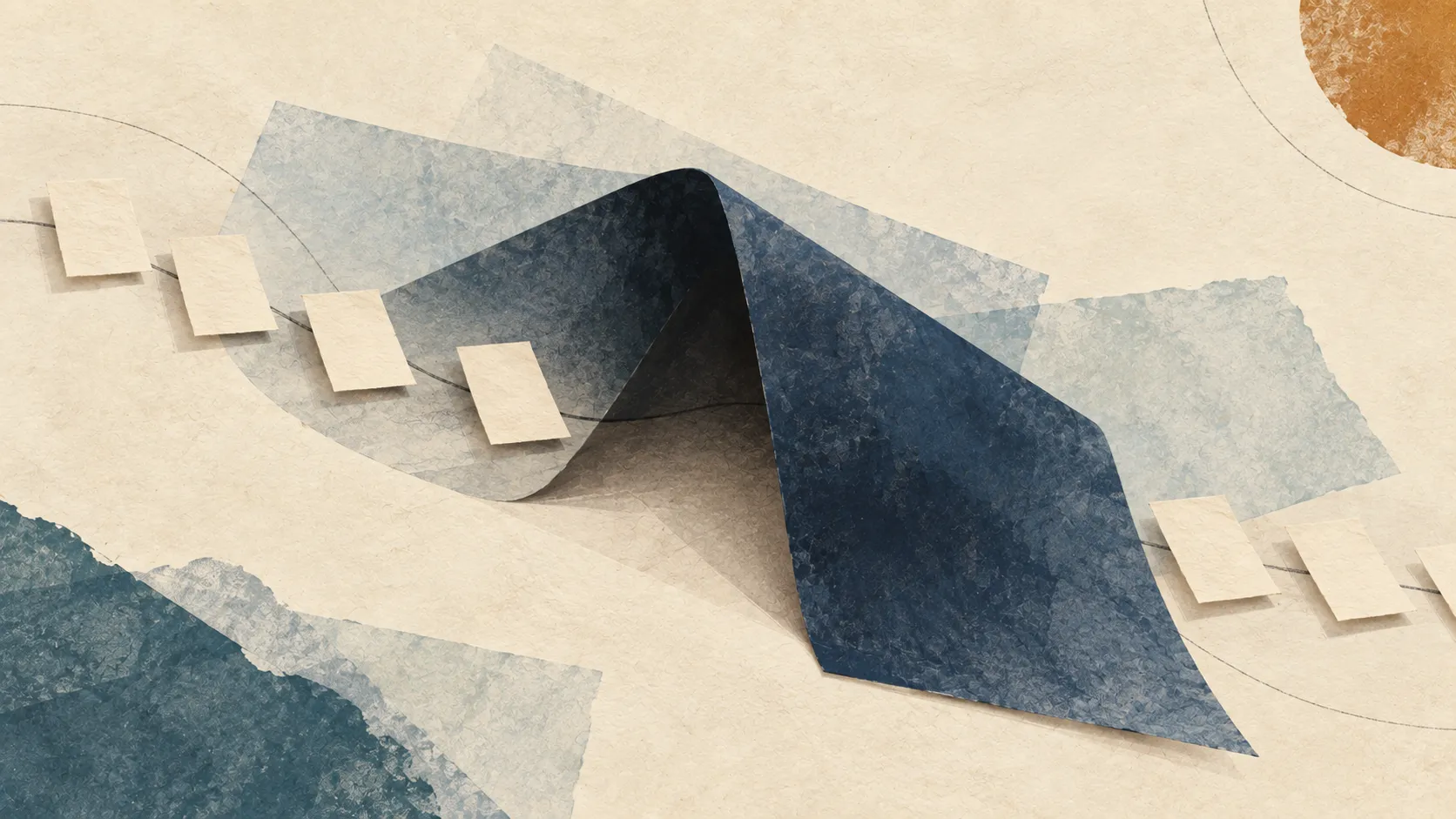 Small blank cream paper slips follow a graphite line beneath a large folded navy sheet and emerge on the other side.