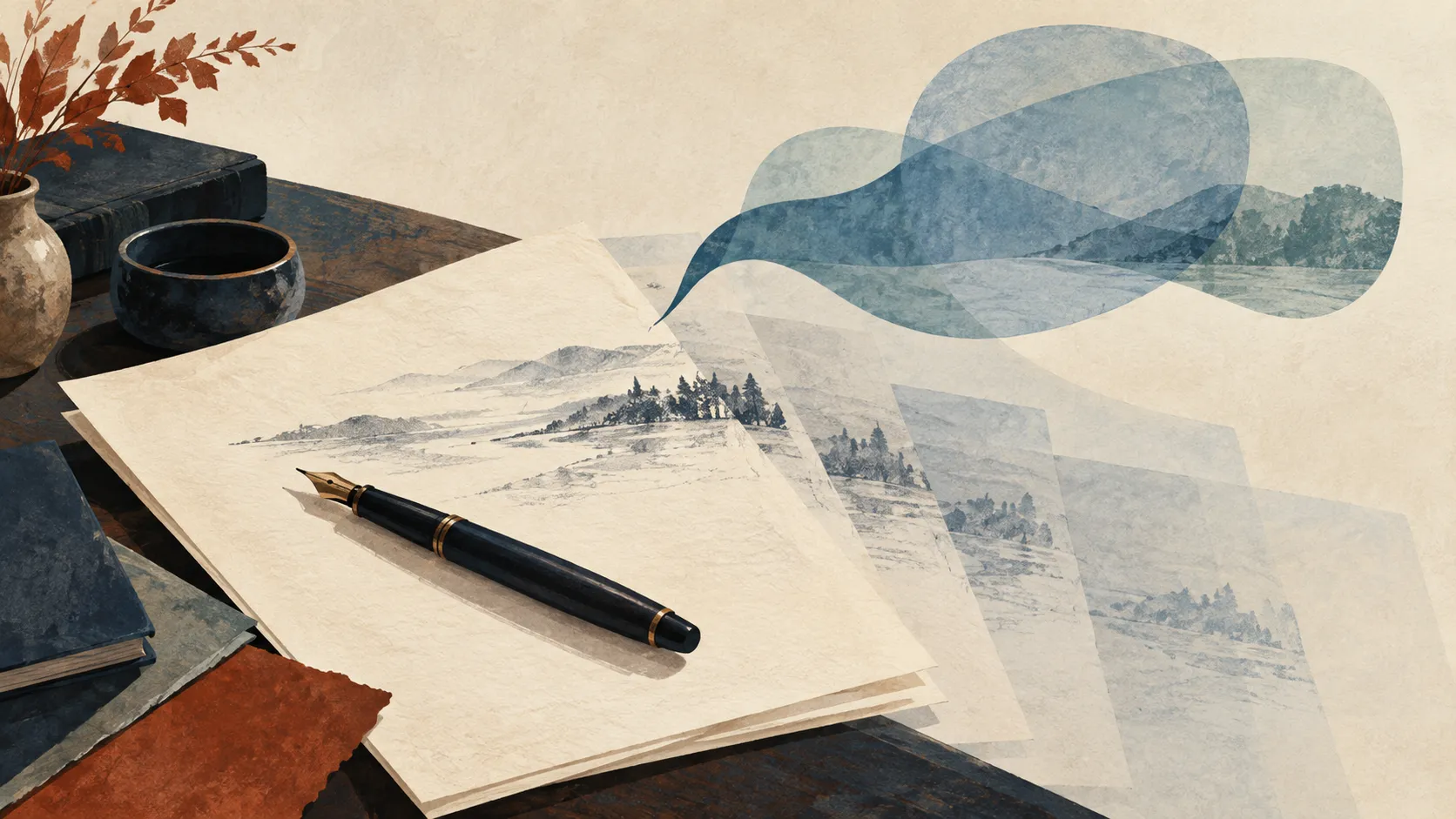 A fountain pen rests on cream paper, with translucent blue speech shapes and overlapping impressions of a landscape.